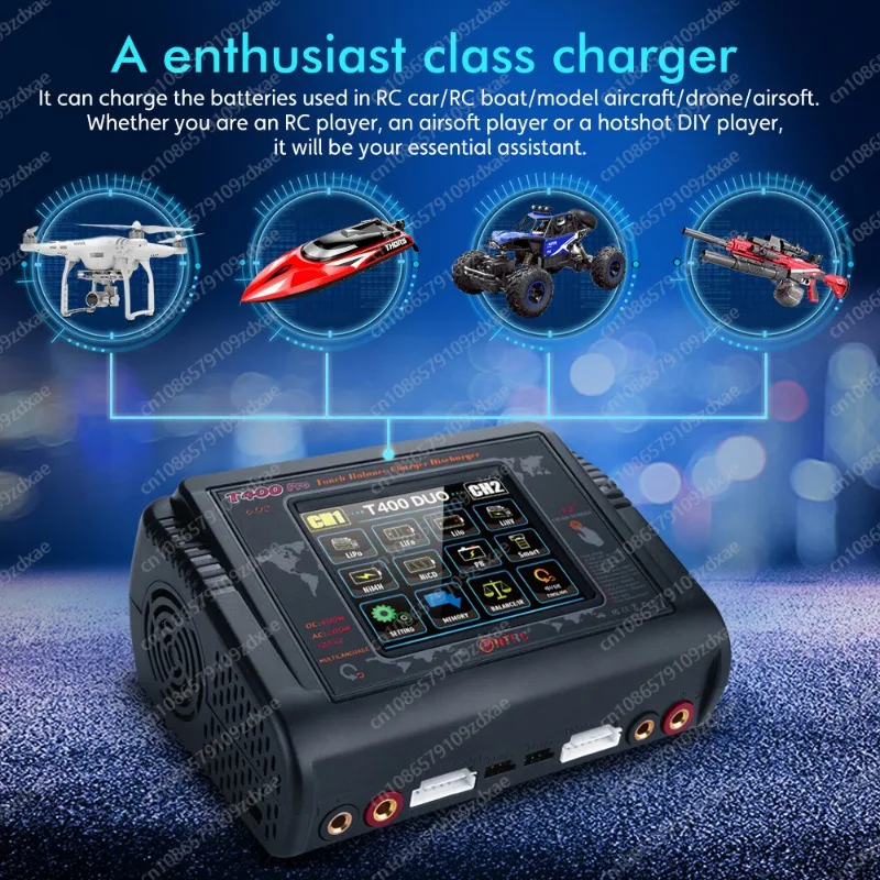 Dual Channel Lipo Battery Charger, Discharger for LiPo, LiHV, LiFe, Lilon, NiCd, NiMh, Pb, T400 Pro, AC 200W, DC, 400W, 12A