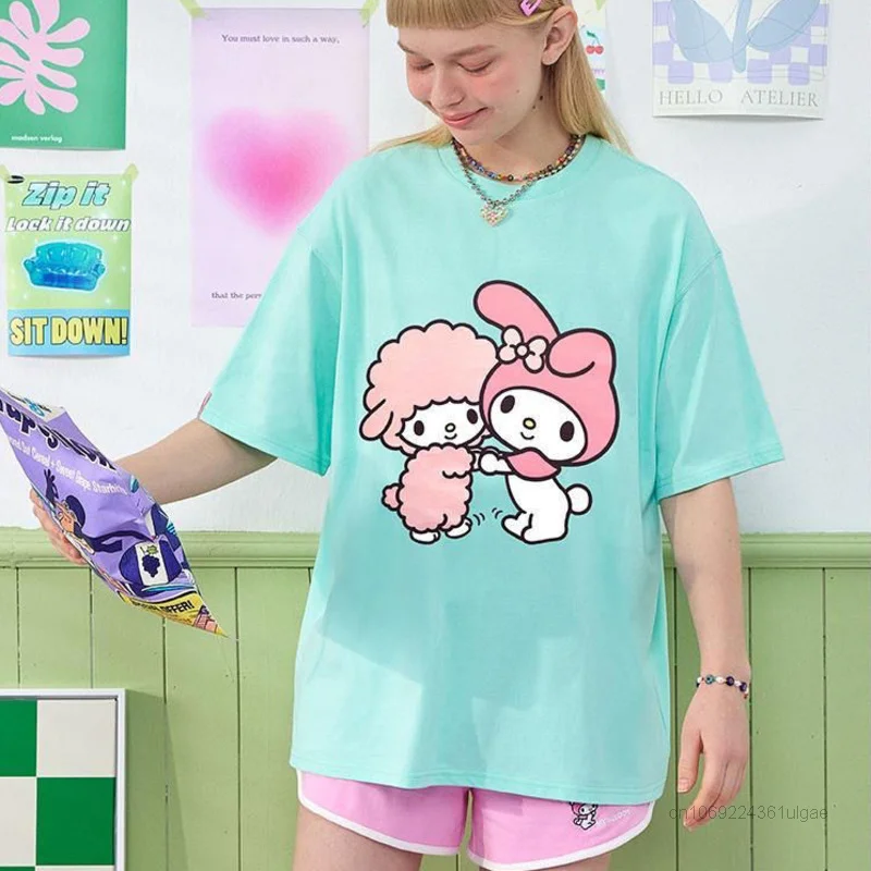 Sanrio Melody Kuromi Short Sleeve T-shirts Y2k Harajuku Japan Style Cute Tops Cartoon Print Student Tees Women Summer Clothes