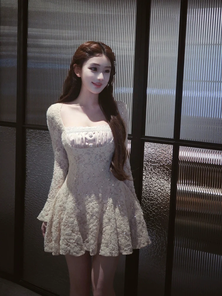 

XZY Pure Desire Женское платье с кружевными вставками, квадратным вырезом, пышной юбкой, приталенное, во французском стиле, больших размеров, зимнее