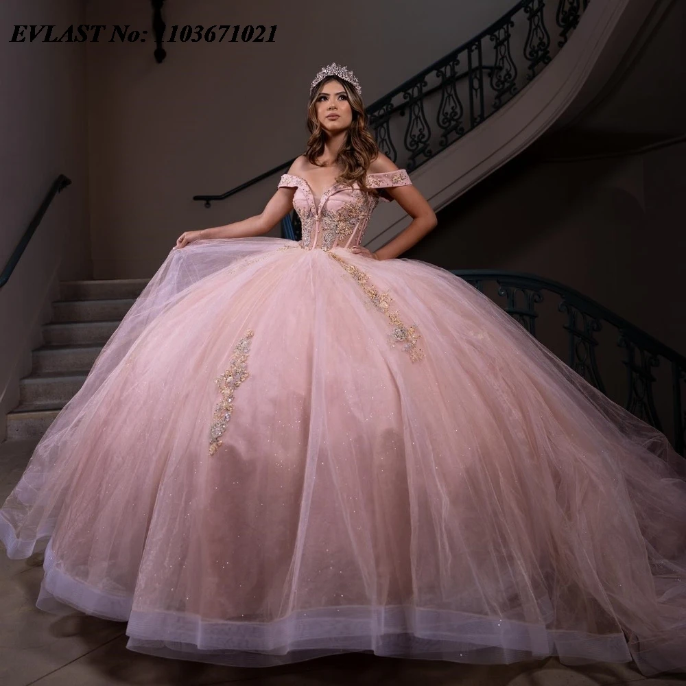 

EVLAST Принцесса Розовое платье для Quinceanera бальное платье с открытыми плечами аппликация корсет украшенный бисером мексиканское милое 16 Платья для 15 лет SQ775