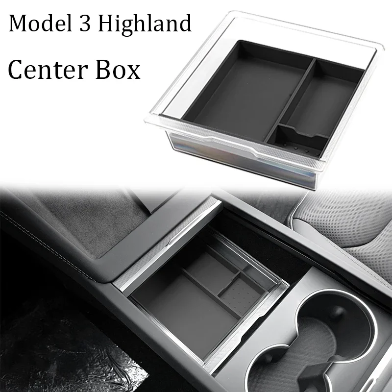 Central Control Storage Box for Tesla Model 3 Highland 2024 Transparent Armrest Hidden Box Silicone Pad Cup Holder Accessories