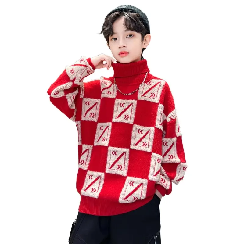 

Luxury Boy Turtleneck Sweater For Teenager Kids Cool Boy Plaid Knitwear With High Collar Knitted New Spring Clothing For Child