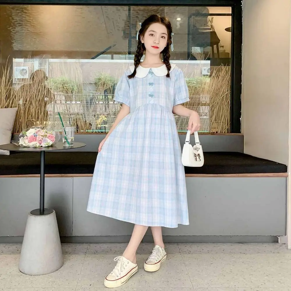 

Fashion Loose Girls Plaid Dress Teenagers Sweet Summer Kids Dresses Party Beach Vacation Children Princess Dress Holiday