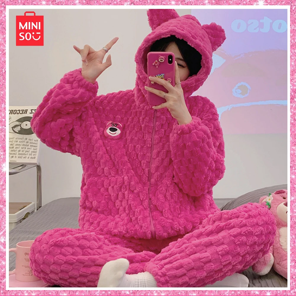 2023 Miniso Lotso New Fall Coral Velvet Cartoon Cute Sweet Pajamas with Thick Home Wear Two-Piece Rose Red Christmas Girl Gift