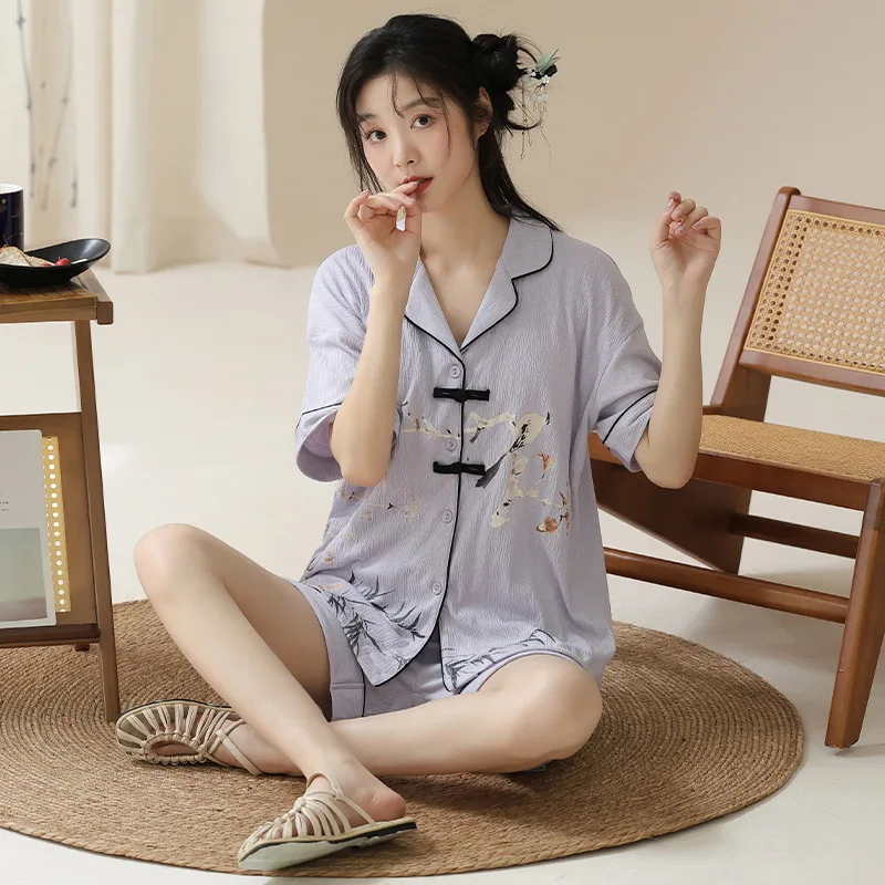 New Chinese Style Pajamas With Chest Pads, Women's Summer Cotton Thin Cardigan Short Sleeved Pants, Loose And Popular Home Cloth