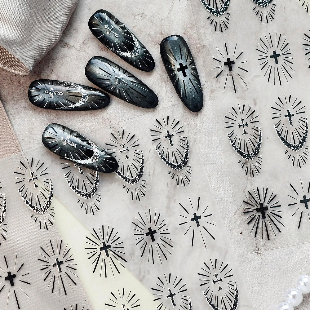

Dark Gothic Style Black Silver Holy Light Cross French Lines 3D Self Adhesive Nail Art Stickers Fashion Cool Manicure Decals