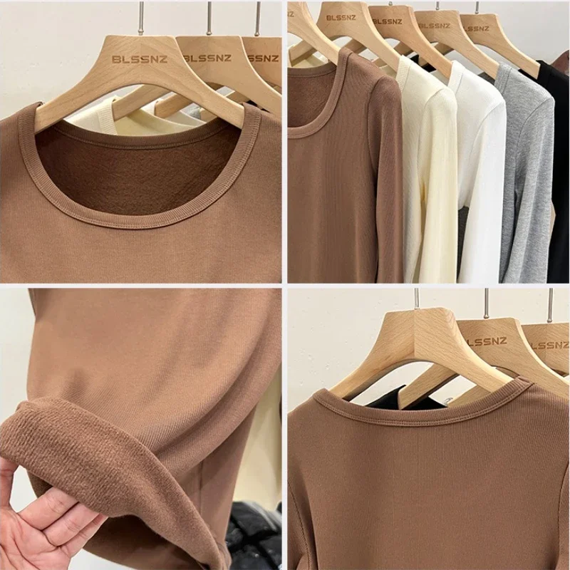 New Fleece-lined Thick Brushed Low O-Neck Autumn Winter Solid Slim Long-Sleeved T-shirt Women Simple Versatile Base Layer Top