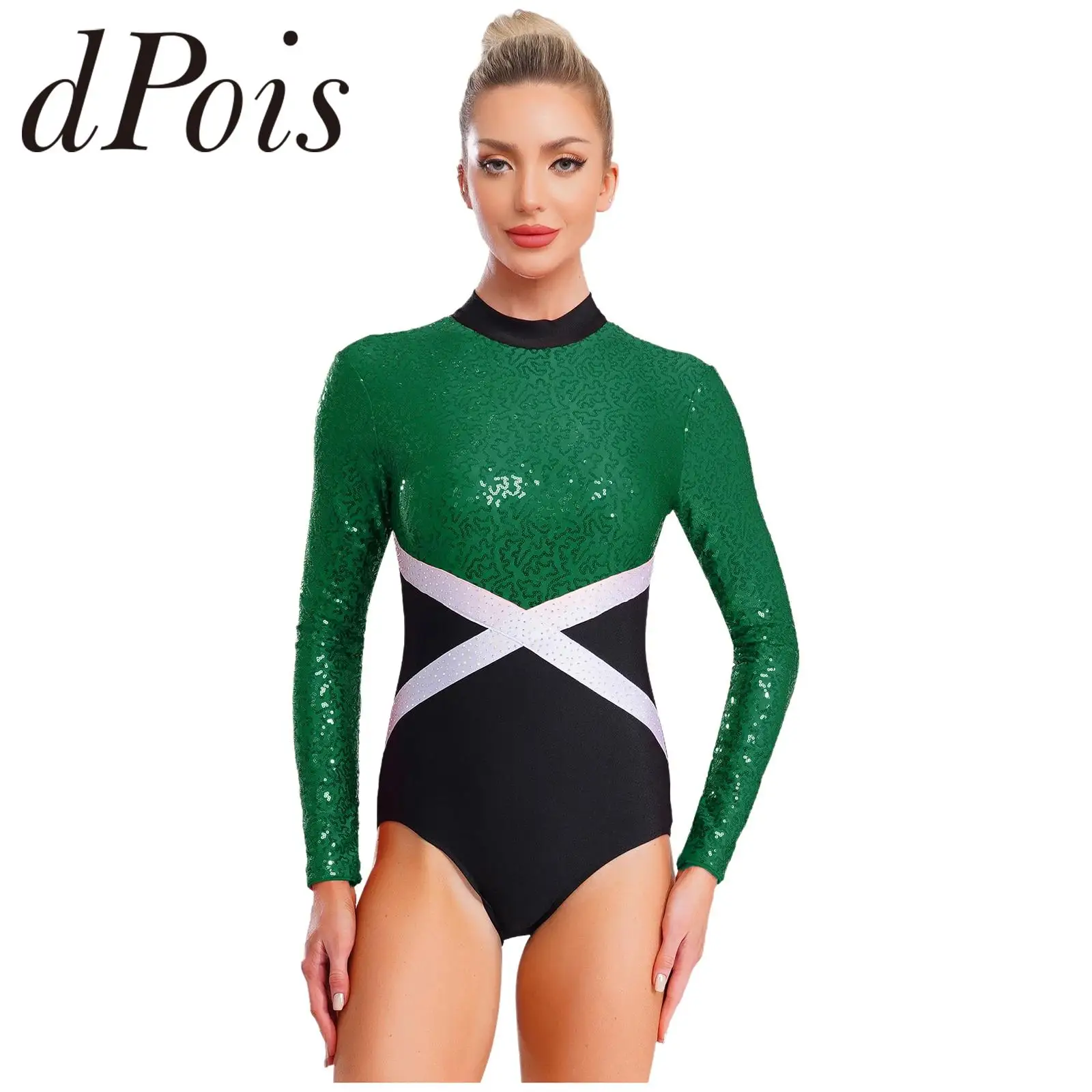 

Womens Glittery Sequin Gymnastic Leotard Ballet Dance Bodysuit Long Sleeve Hollow-Out One-piece Bodysuit Figure Skating Jumpsuit