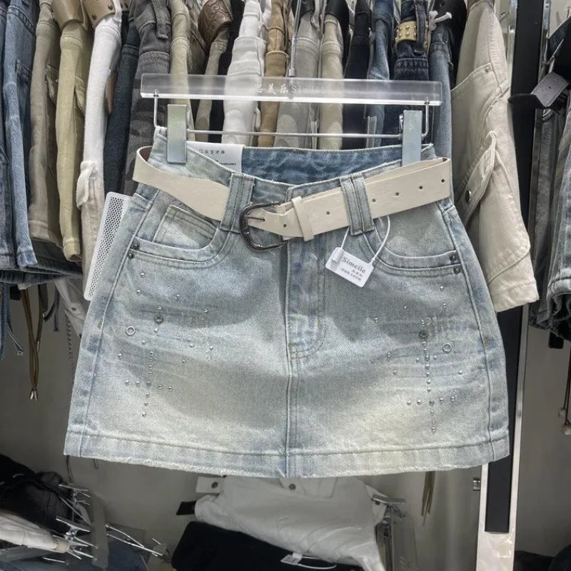 Fashion Denim Skirt Women's Summer 2026 New High-waisted Spice Girl Beading Hip Skirt