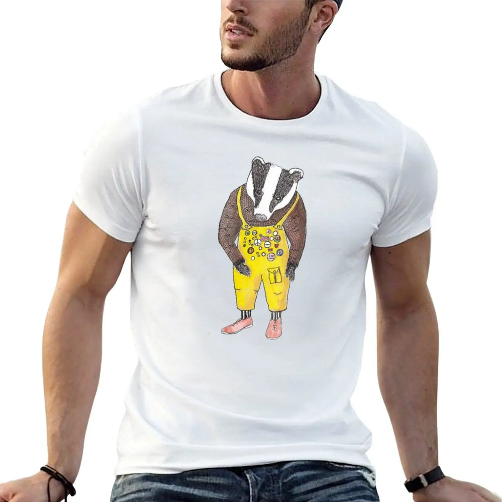 Badger Badges yellow dungarees T-Shirt Athletic Fit Sports Short Sleeve Top