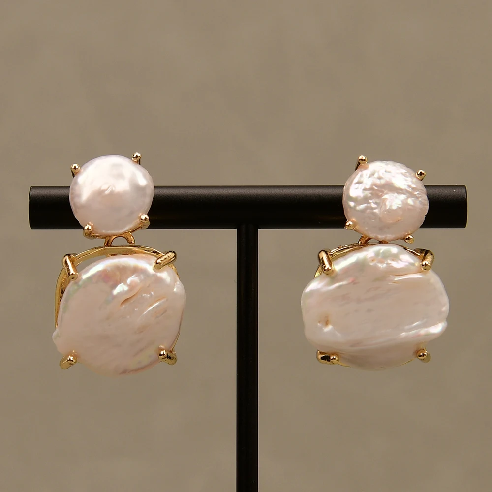 GG Cultured White Coin Keshi Pearl Gold Plated Stud Earrings For Lady