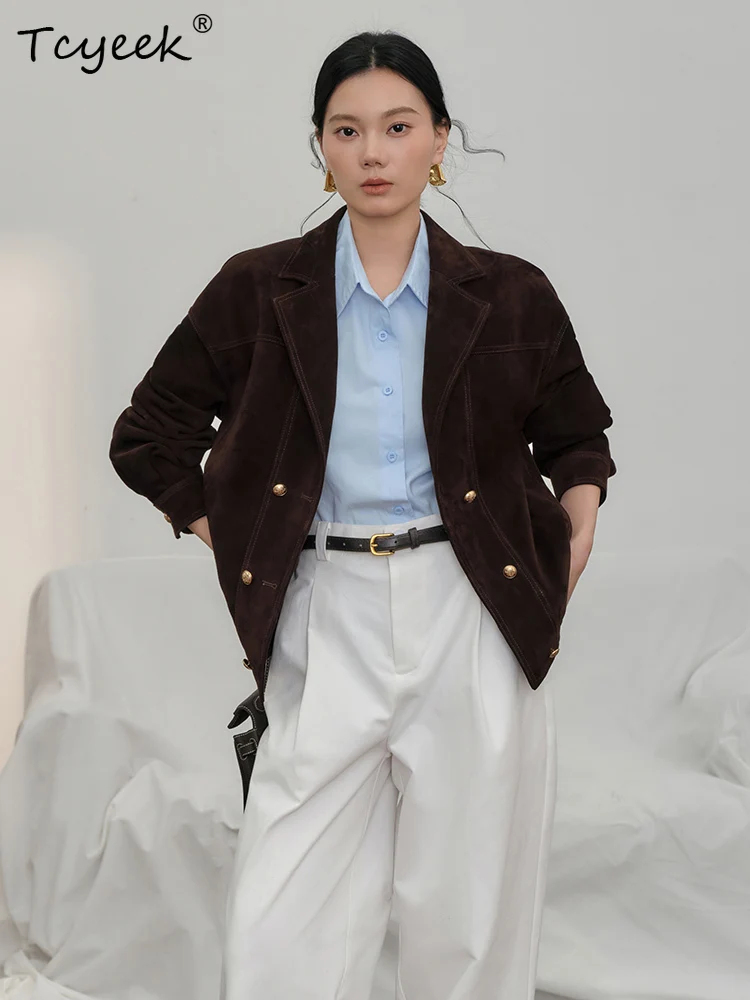 Tcyeek Schaffell Frühling Herbst High-End Trendy Anzug Kragen Wildleder Braun Damen Echtlederjacke Ж Ett Bydyddydd Mohamed