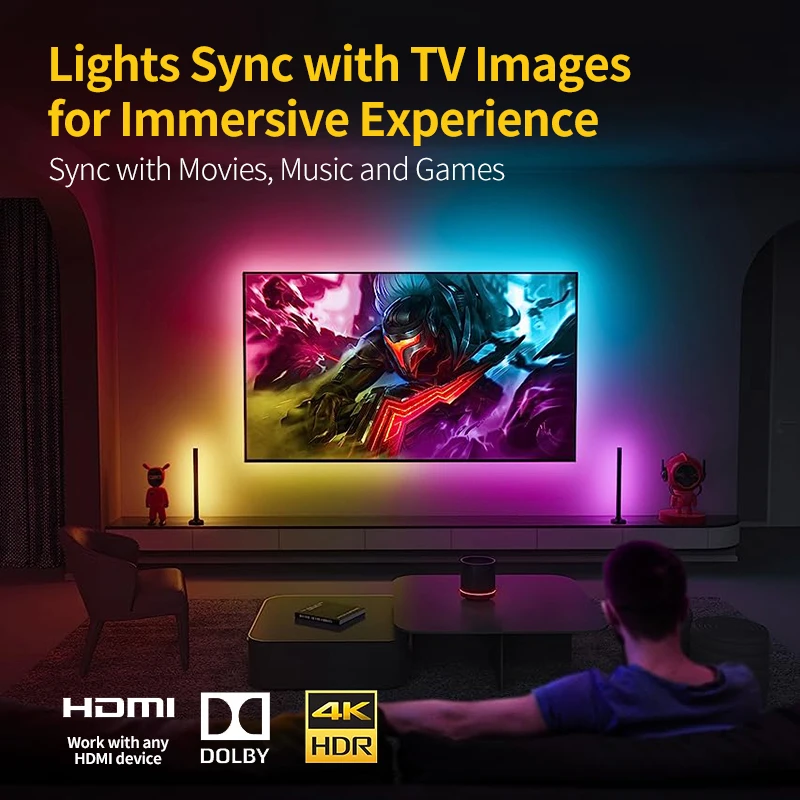 Fantasy TV-LED-Hintergrundbeleuchtungsset, mit Neo 2 Sync Box und TV-Hintergrundbeleuchtungsstreifen für 55–85 Zoll, Farbsynchronisierungs-LED-Licht, kompatibel mit Alexa