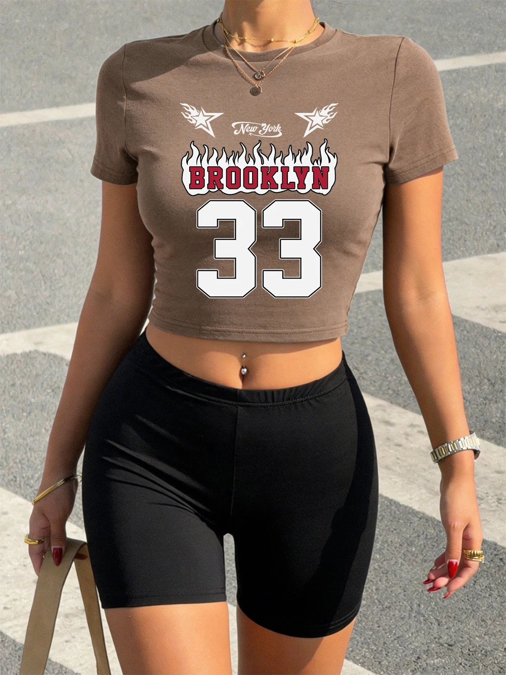 

Hot Sweet Brooklyn Number 33 Prints Crop Tops Shorts Womans Summer Two Pieces Set T-Shirts Slim O-Neck High Elastic Soft Clothes