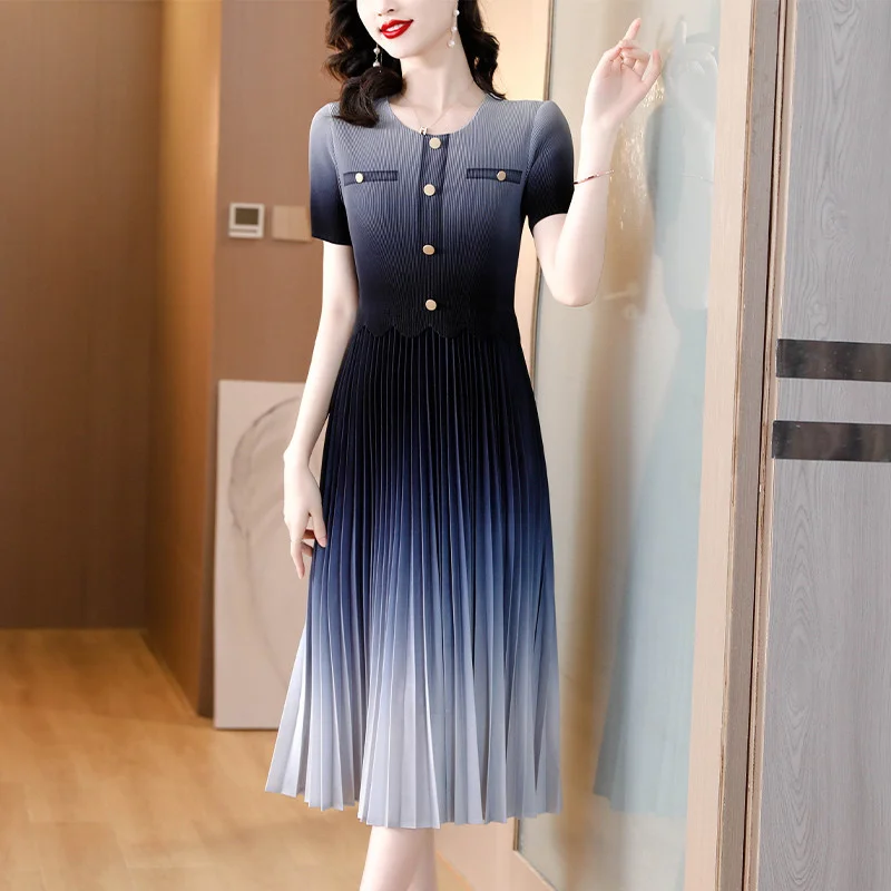 

Women's Summer Dress New Fashion Gradient O-neck Short Sleeve Splicing Fake Two Piece Dress Elegant Ladies Folded Dress Vestidos