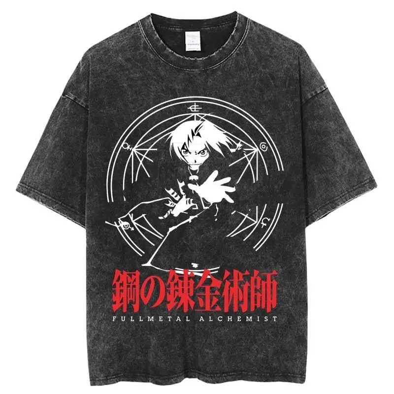 

Steel Alchemist FULLMETAL Washed Old Short Sleeve T-Shirt Men's American Retro High Street Large Size Couple Wear