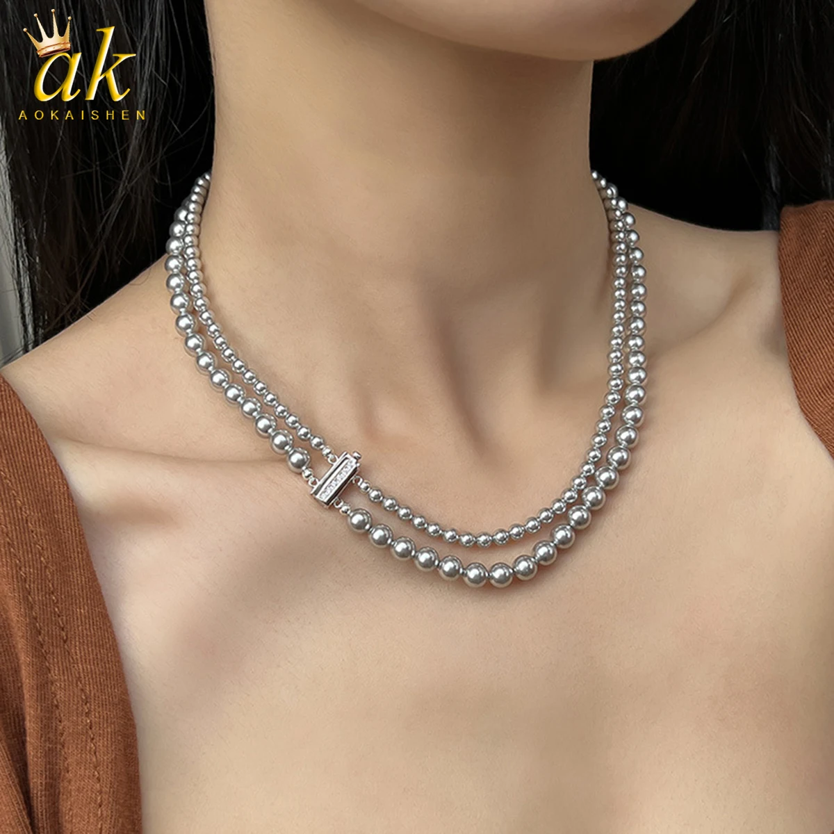 

Aokaishen Double Layer Pearl Necklace Versatile for Women Light Luxury Collarbone Chain Niche High-end Jewelry