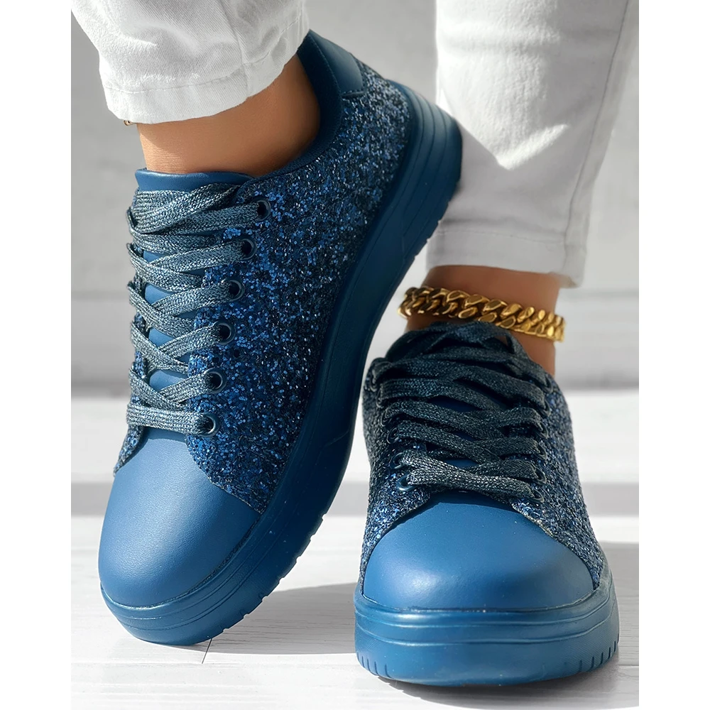 

Women Bling Bling Sequins Decor Lace-up Flats Sneakers Daily Casual Round Toe Sports Shoes Going Out Luxe Femme Blue Shoes