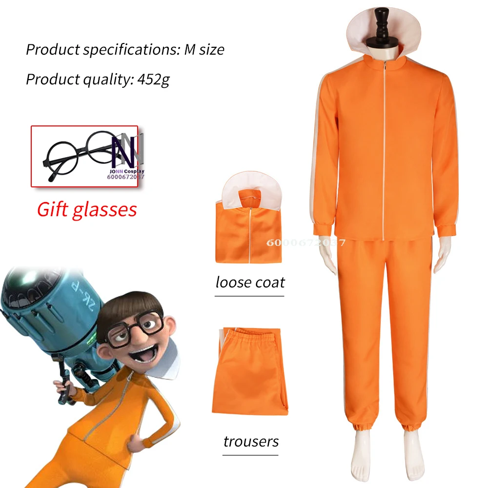

Movie Vector Cosplay Costume Set - Orange Jacket, Pants, Glasses & Mushroom-shaped Wig, Halloween Fancy Party Outfit