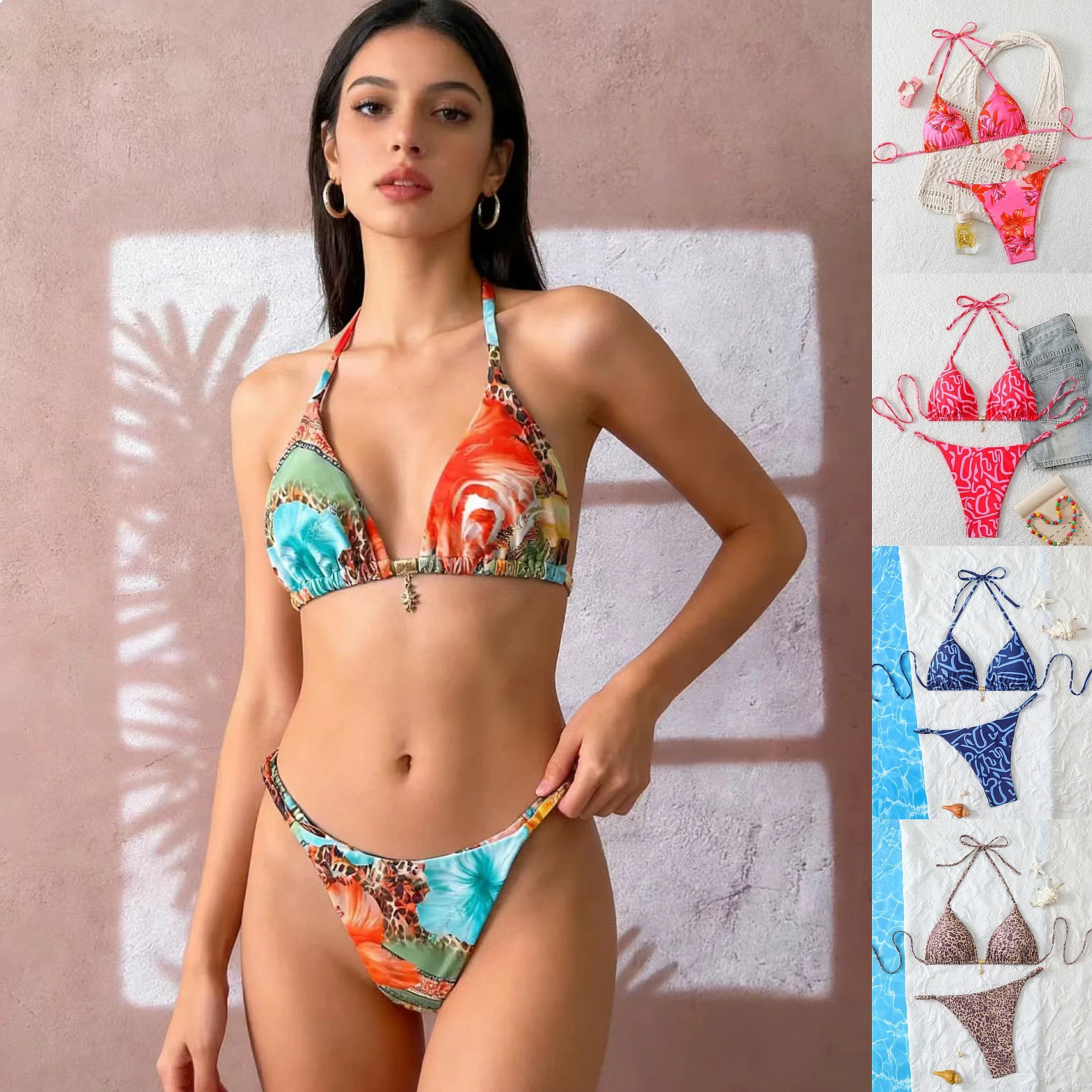 

2026 Europe Multicolor Halter Tie Neck Triangle Two Piece Sexy Bikini Set Padded Swimwear For Women Summer Beach Bathing Suit