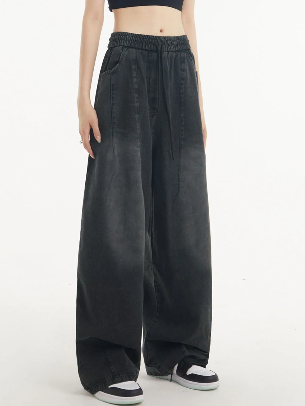 

Retro Bla Waed adient Denim Jeans American Street Loose Wide Leg Casual Workwear Lantern Pants Youth Trend Autumn Spring