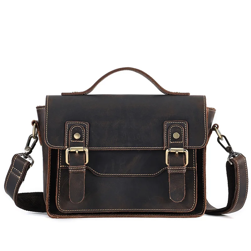 Top Layer Genuine Leather Cowhide Briefcase Men'S Vintage Shoulder Bag Tote Handbag Messenger Crossbody Side Portable Square Bag