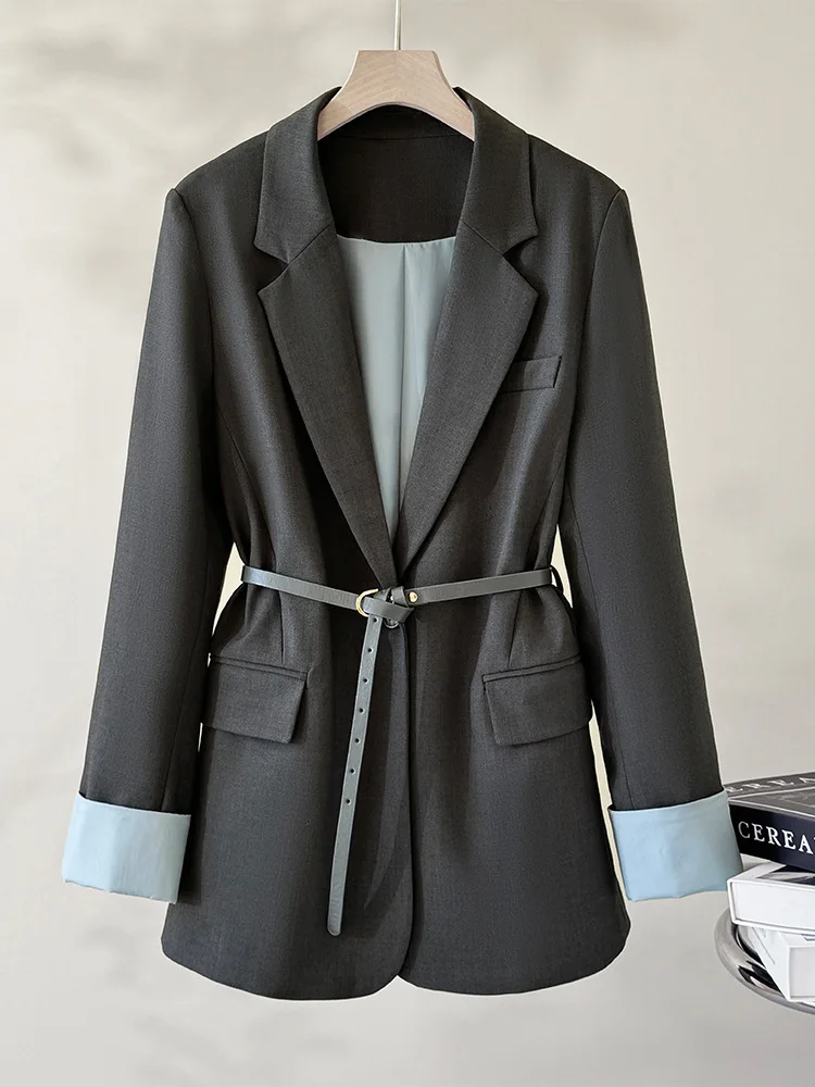 

P081 New autumn grey style temperament waist grey suit jacket evening dress