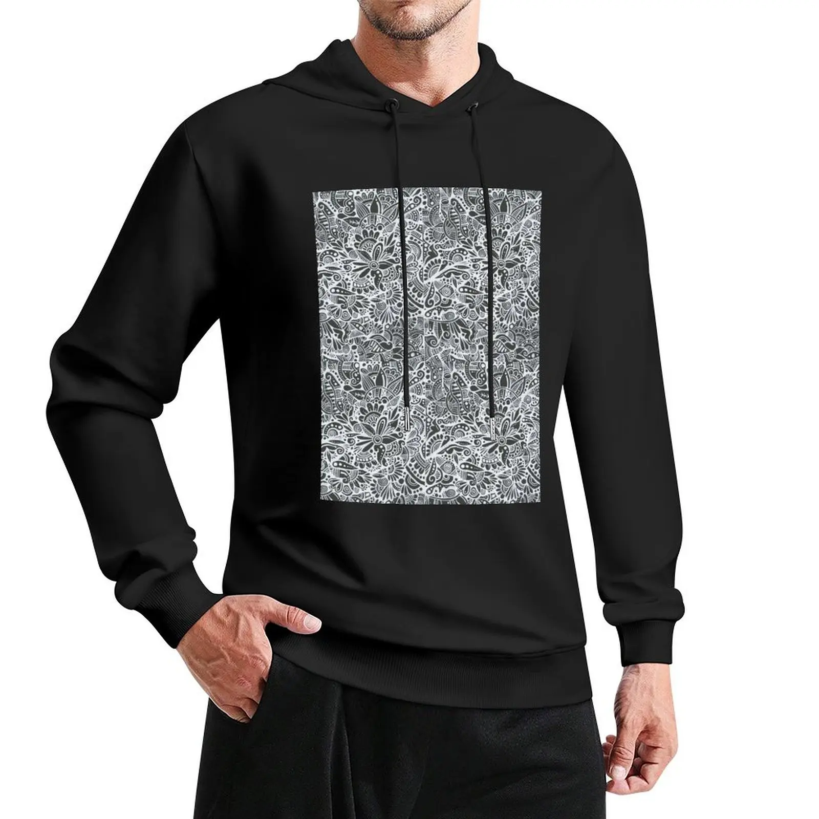 Black and White Floral Zentangle Pullover Hoodie korean clothes men's clothes autumn hoodie