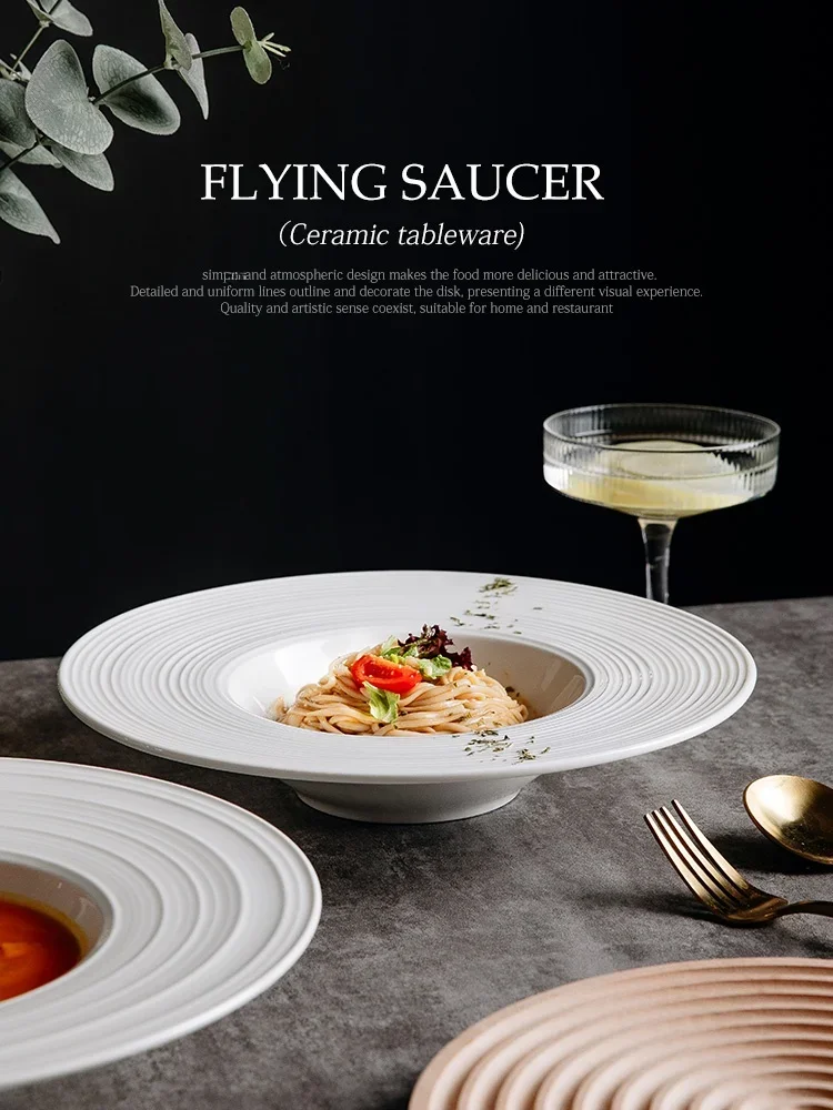 Pure White Ceramic Plate Western Dining Dish Hotel Commercial Use Grass Hat UFO Shape Dinnerware Adult Soup Bowl round Shape