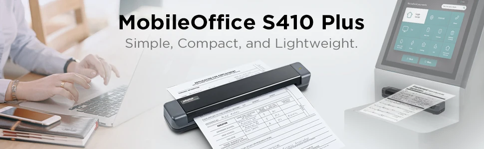Plustek モバイル ドキュメント スキャナ MobileOffice S410 Plus - ハンドヘルド、コンパクト、ポータブル、USB 電源、TWAIN サポート付き