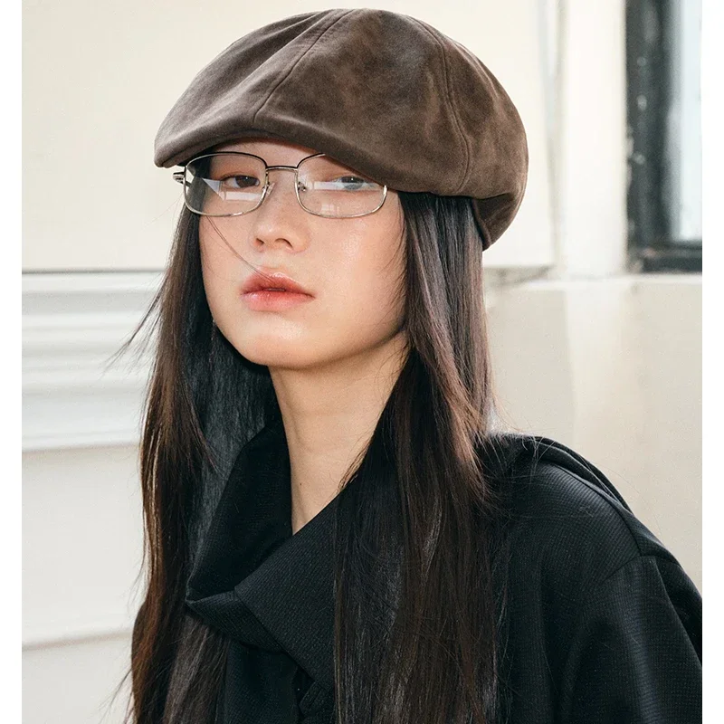 Y2K Vintage Forward Cap Women's Large Head Circlet Beret Hat Square Round Face Enhancing Suede Artistic Reversible Caps Gorras