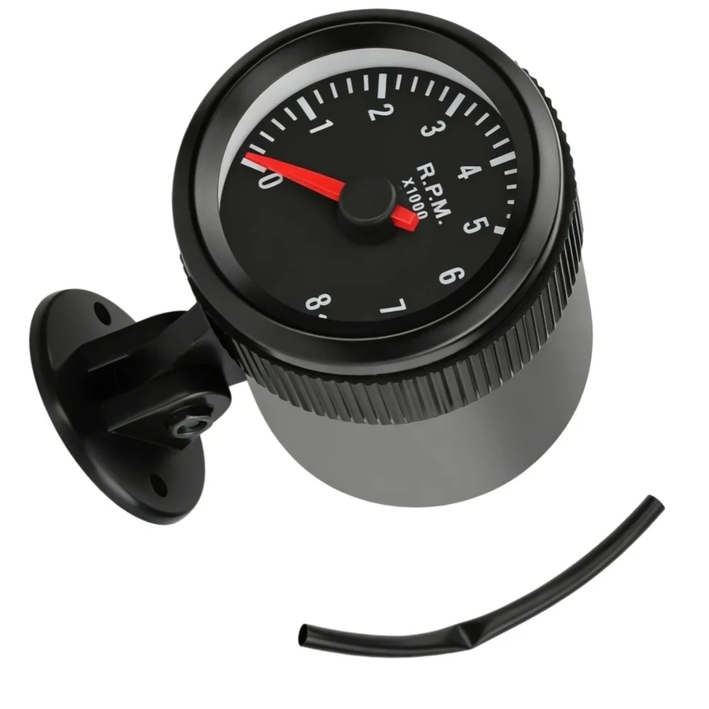 Car Tachometer 2 Inch 52mm LED Gauge 0-8000 RPM Black Face White Light for A-Pillar or Dash Mount Installation