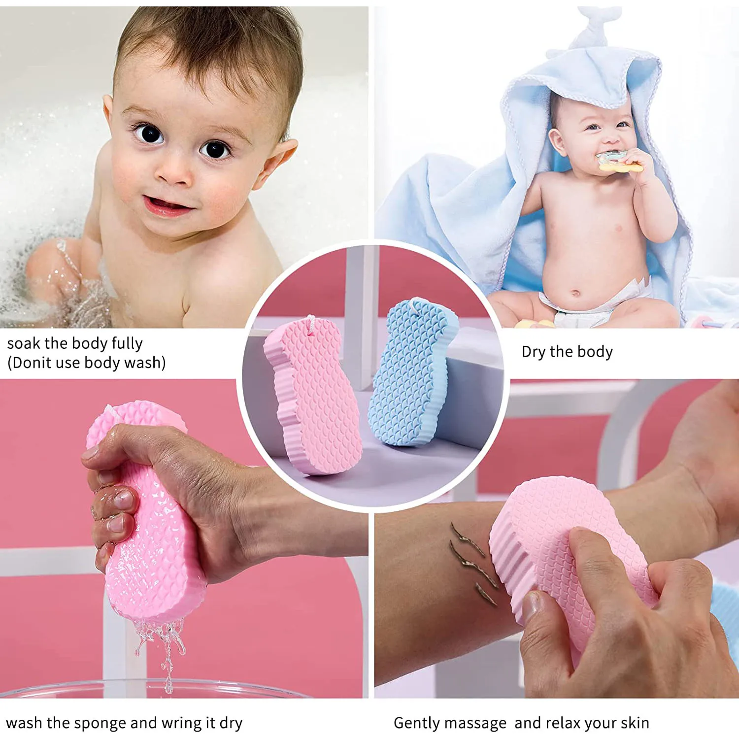 Exfoliating Bath Sponge 2Pcs,3D Shower Brush with Sticky Hook,Spongelle for Baby, Kids, Adults