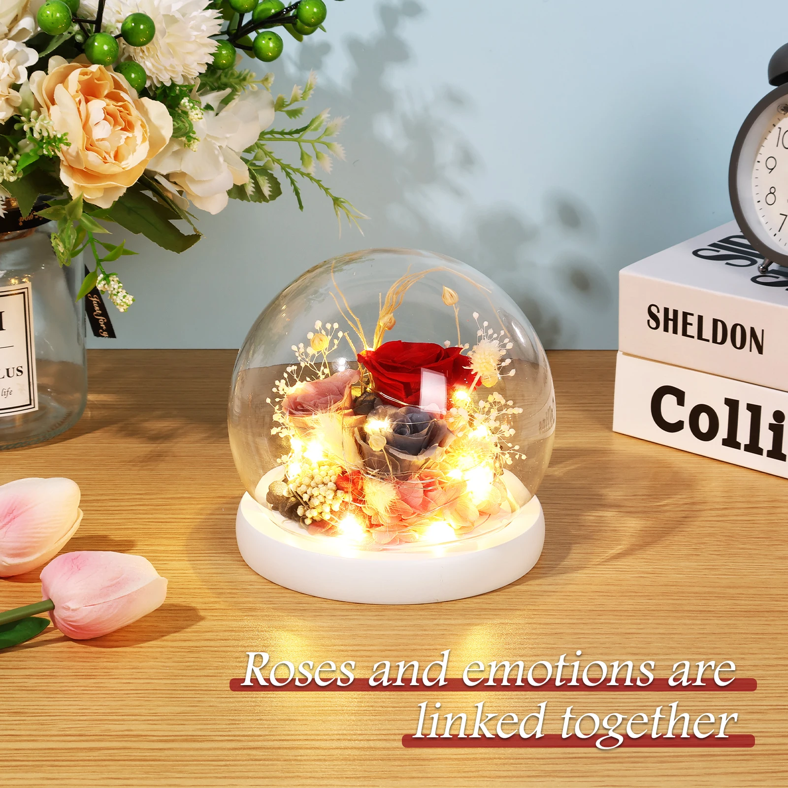 Artificial Flowers Tulip Eternal Rose Wedding Decor Handmade DIY LED Light Foil Glass Dome Preserved Flower Mother's Day Gifts