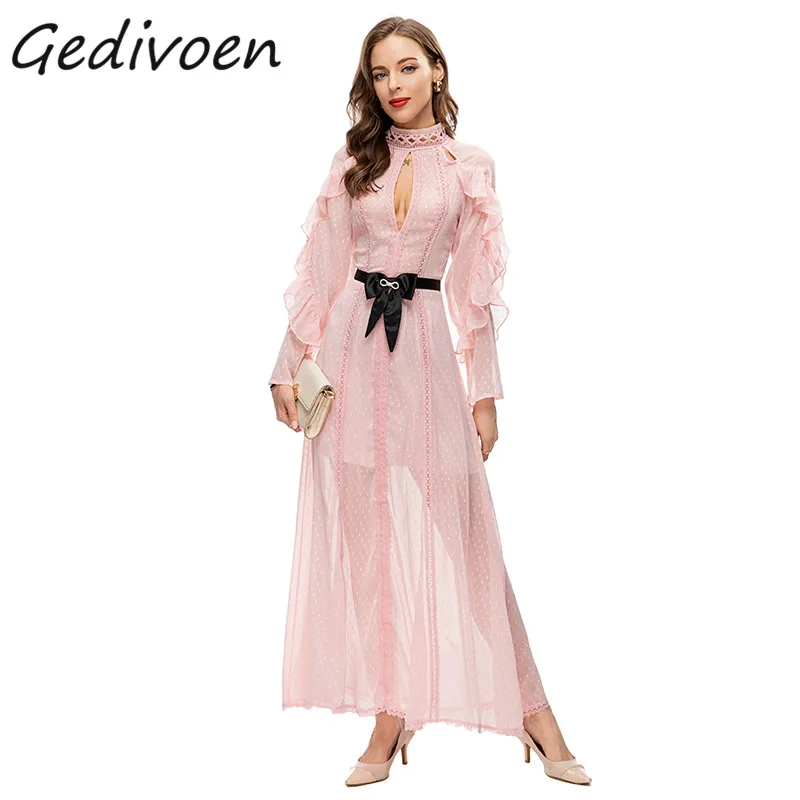 

Gedivoen Summer Fashion Runway Vintage Mesh Wave Point Dress Women's Stand Collar Lace Splicing Hollow Out Frenulum Long Dress