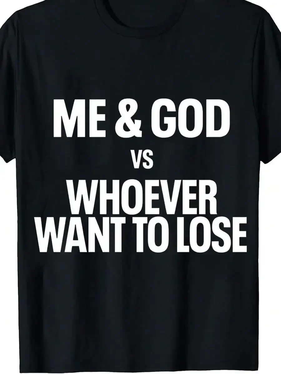 1pc Men's Me & God Quote Print Black TShirt, Crew Neck, Casual Cotton Tee Medium Stretch Knit Fabric, Men's Regular Fit, Size