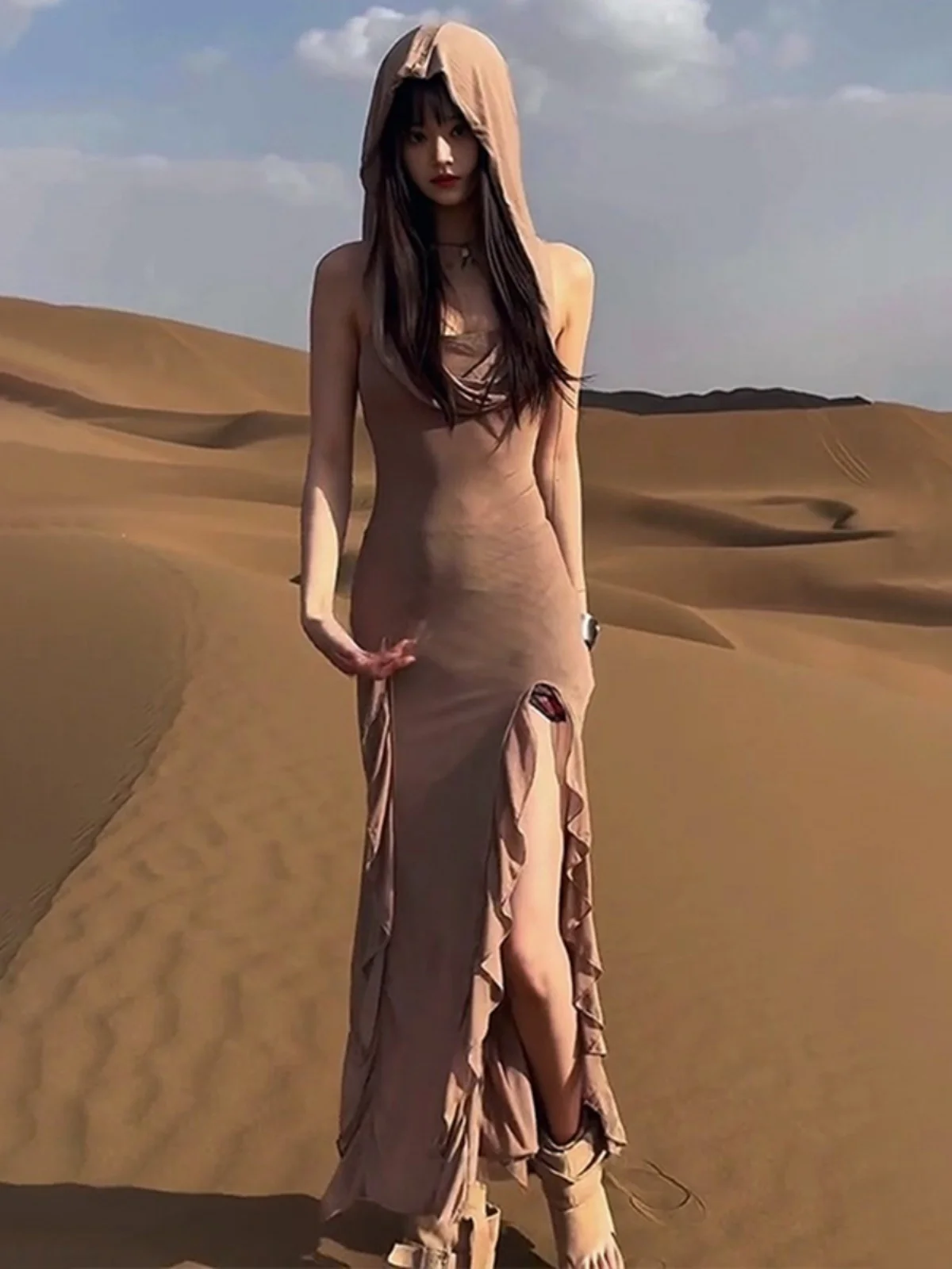Desert Theme Asymmetric Hemline Hooded Dr Women's Summer Travel Casual Sle High Waist Slim Fit Long Skirt Maxi Dr