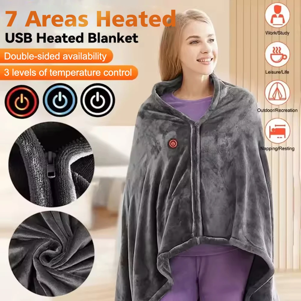 USB Electric Heated Blanket 3 Levels Fleece Heated Mat Wearable Body Warmer Blanket Fast Heating Shawl for House Office Outdoor