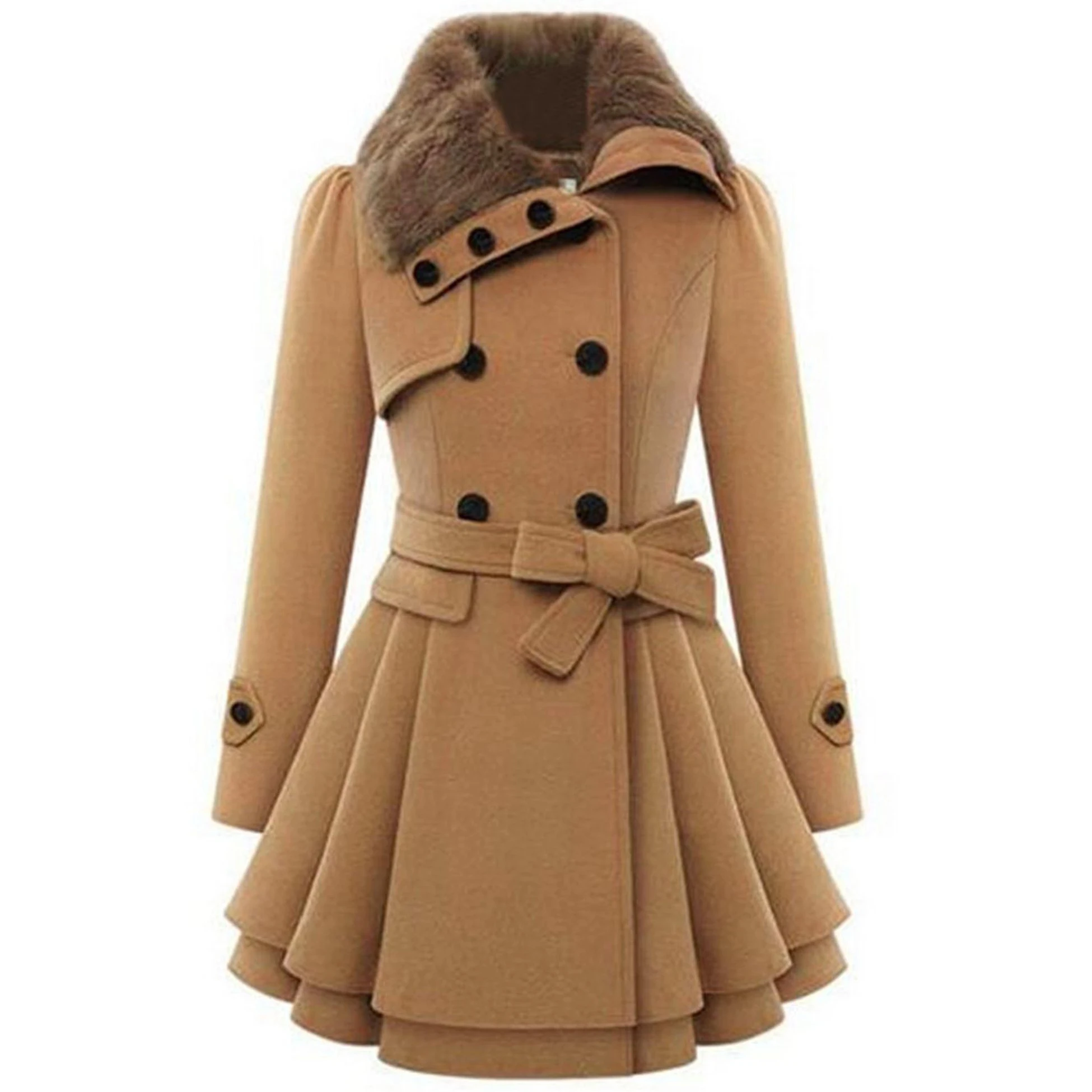 

Women's Fashion Faux Fur Lapel Double-Breasted Thick Wool Trench Coat Winter Warm Jacket