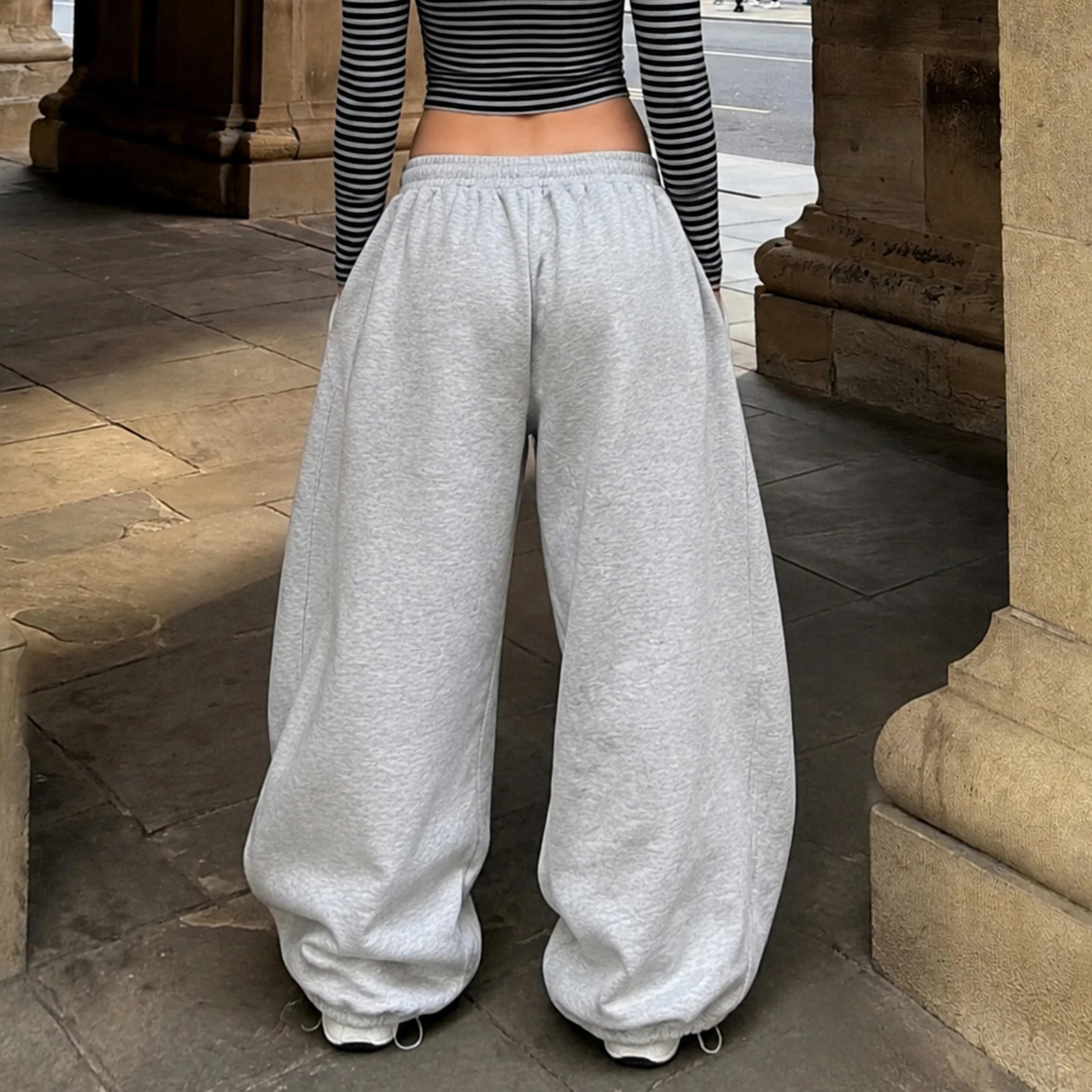 Oversized Baggy Gray Wide Leg Sweatpants Elastic Waist Stitch Seam Women Y2K Hip Hop Streetwear Loose Casual Sports Jogger Pants