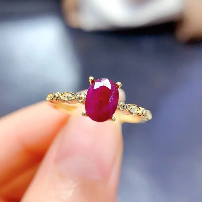 Classic 925 Silver Ruby Engagement Ring for Women 5mm*7mm Natural Ruby Ring with 3 Layers 18K Gold Plating