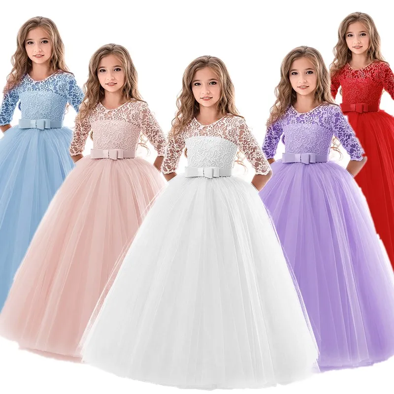 Lace Princess Dress for Girls 6-14 Yrs Long Sleeve Wedding Party Gown Birthday Children Tulle Dress Teenage Formal Long Dress