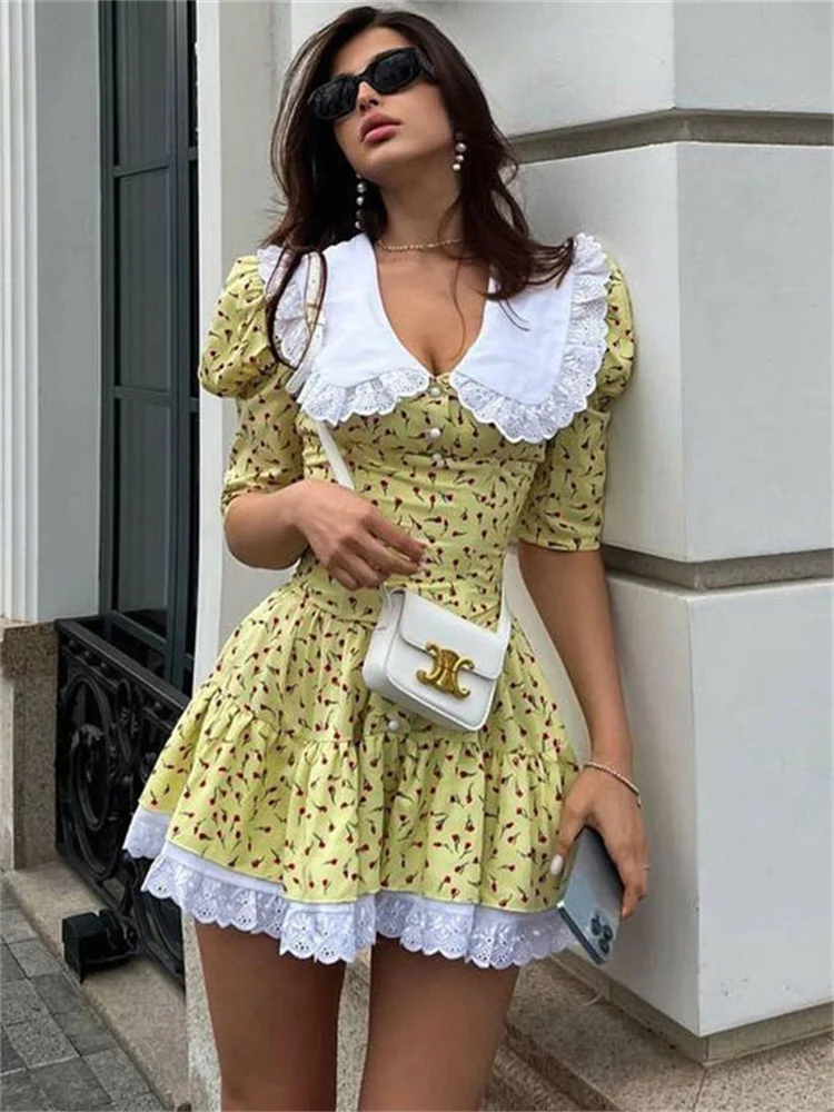 knee length dresses for ladies 70s Puff Sleeve Patchwork Mini Dress main image 0