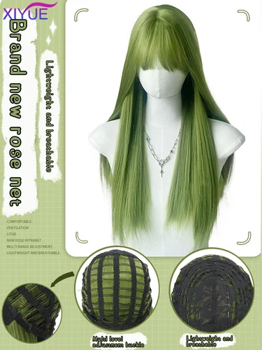 Imagen 2 del producto Peluca de Cosplay XIYUE con flequillo, pelo liso sintético de 20 pulgadas de largo, peluca verde fruta resistente al calor para mujer