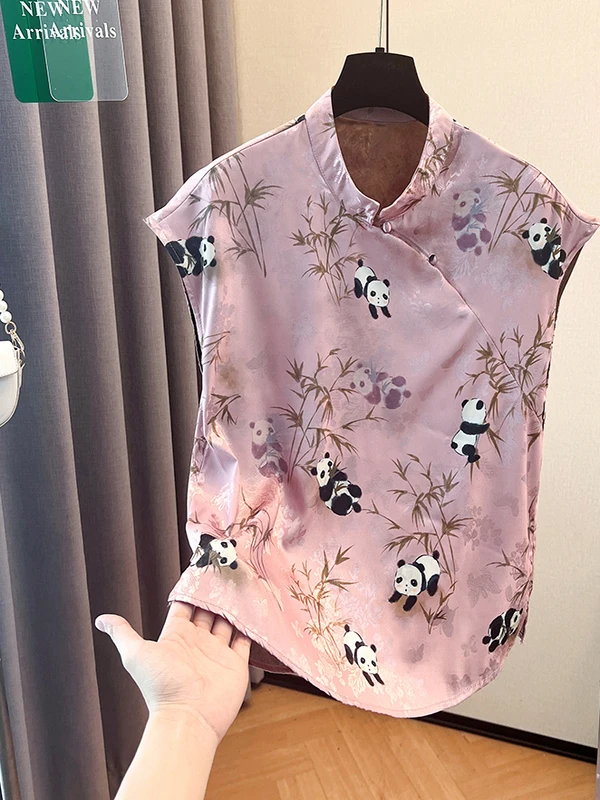 

Retro Chinese Sle irt Women's Svel Button Front Slimming Small Panda Print Straight Cut Summer Faion Top