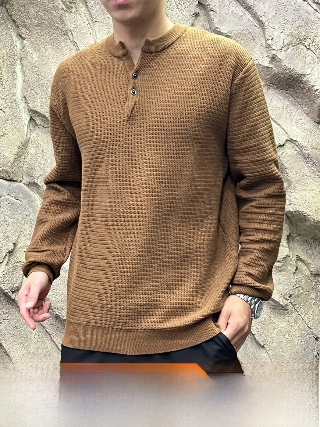 Pineapple Pattern Knitted Henley Neck Sweatshirt Breathable Comfortable Commuting Men's Cotton Polyester Blend Hoodie