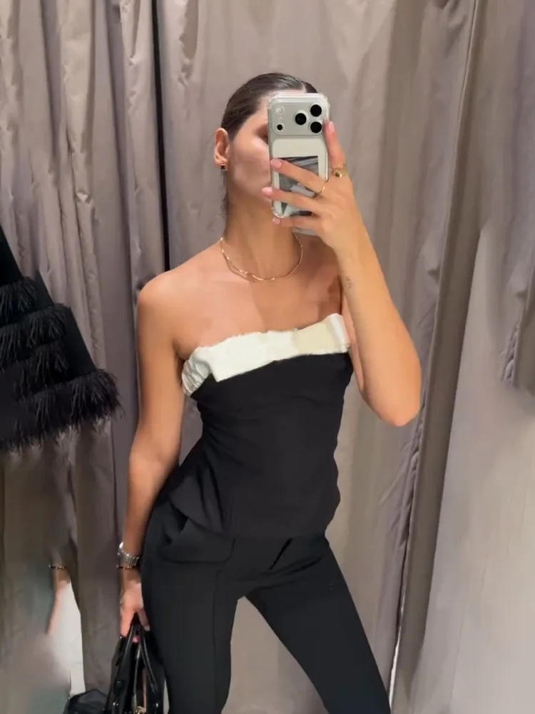 

HH Woman Summer Fashion Versatile Princess Style Sweet Bow Tie Splicing Decoration Zipper Tube Top Female Leisure Cute Blousee