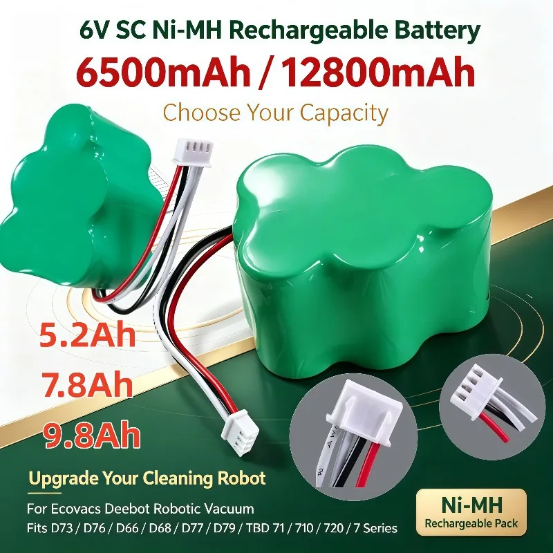 6V 5.2Ah-12.8Ah Rechargeable Ni-MH Battery for ECOVACS Sweeper 620 710 D73 D76 RB001 TBD71