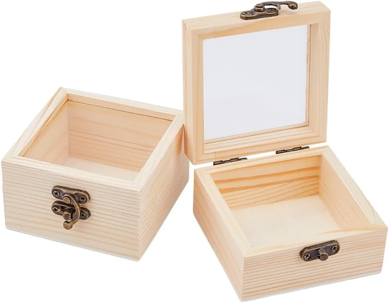 

2pcs Wooden Box with Glass Lid Small Wooden Box with Clear Lid Unfinished Wood Gift Box with Metal Clasp for Jewelry making kit