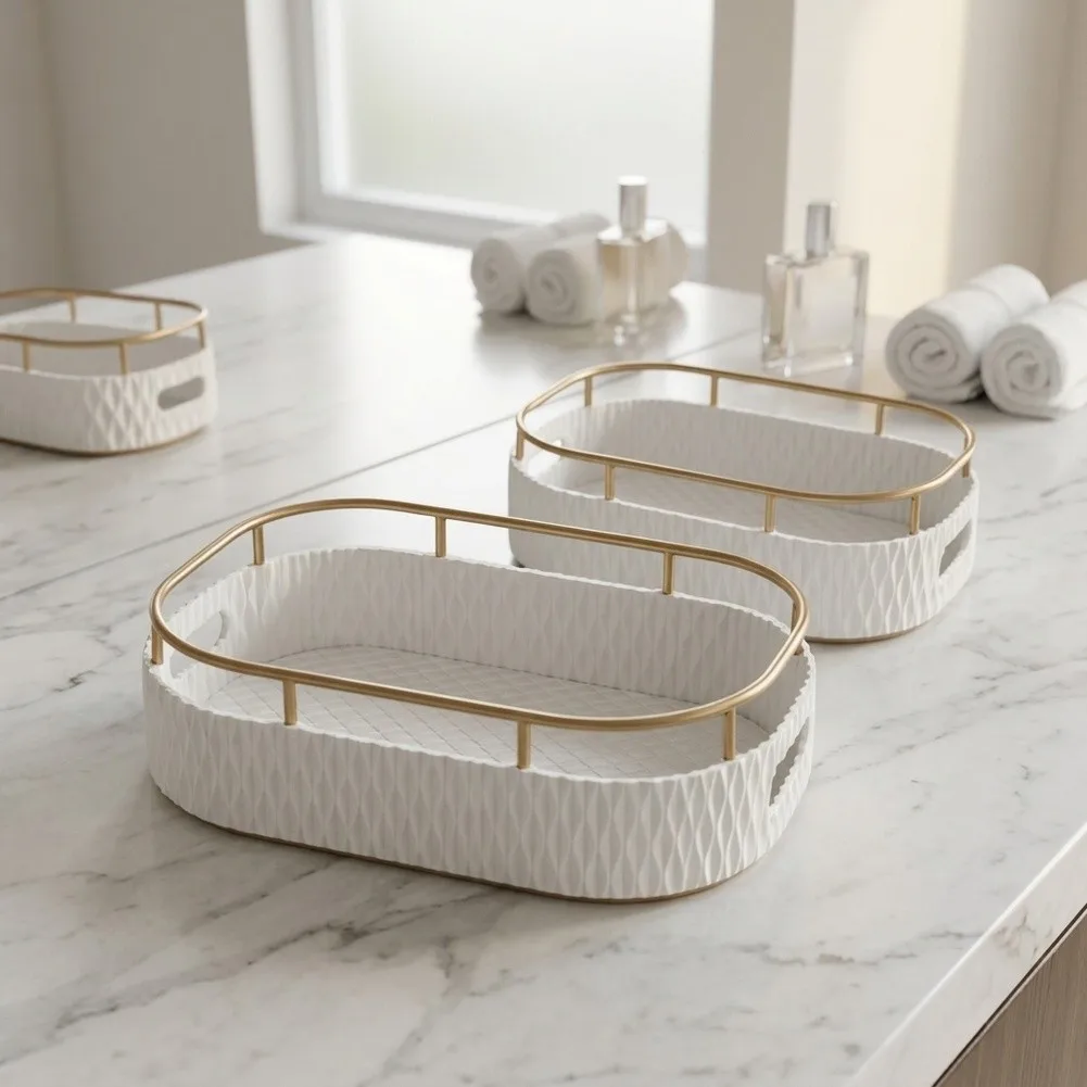 Cream White Makeup Organizer Set of 2 Plastic Boxes with Gold Wave Rim for Bathroom Vanity Desktop Skincare Storage